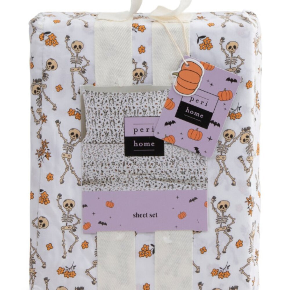 NWT PERI HOME Date With The Dead Sheet FULL Set Halloween Skull Pumpkin Floral